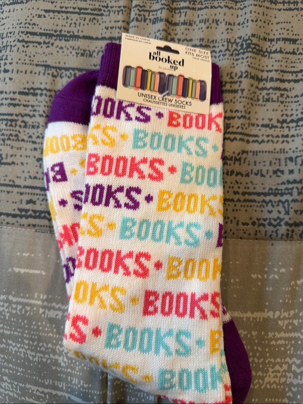 Unisex Crew Socks - White with Multicolor BOOKS Print